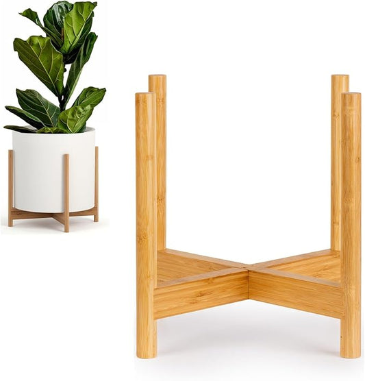 Fox & Fern Bamboo Plant Stand — 14.9 Inch Fixed Size Wooden Mid Century Planter Stand for Indoor Plants; Extra Large Flower Pot Holder for Indoor Big Pots; Plug In Design; Two Height Options - Bamboo