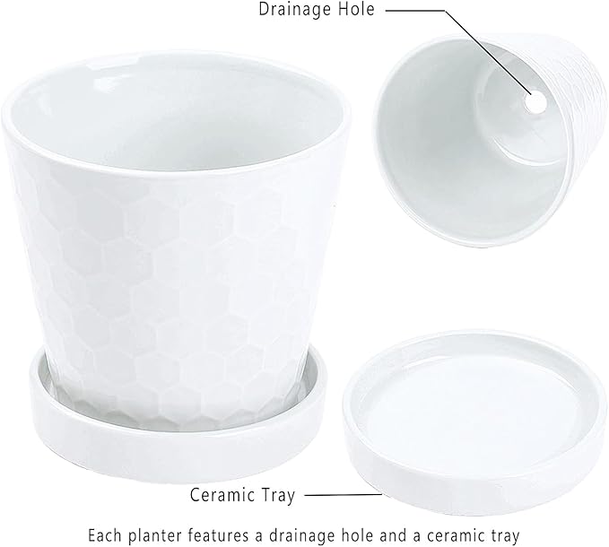 Plant Pots – 4”+5”+6” inch Ceramic Planter with Drainage Holes and Ceramic Tray - Gardening Home Desktop Office Windowsill Decoration Gift Set 3 - Plants NOT Included (White)
