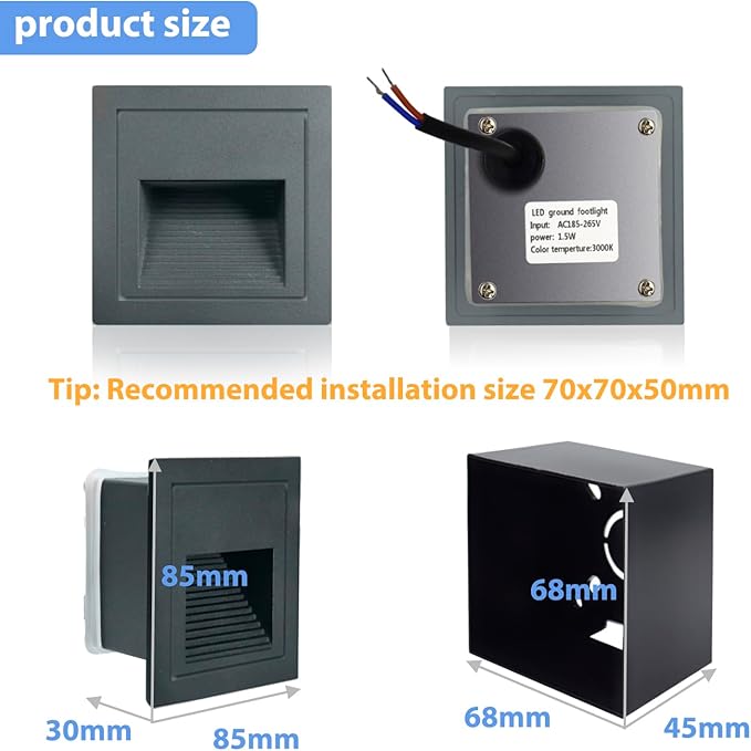 4pcs/3W Wall Recessed Stair Lights LED,Warm White,Indoor Step Light,Square Recessed Wall Light,Grey Cover Staircase Light IP20 for Indoor Stairs, Home, Kitchen, Attic, Aisle