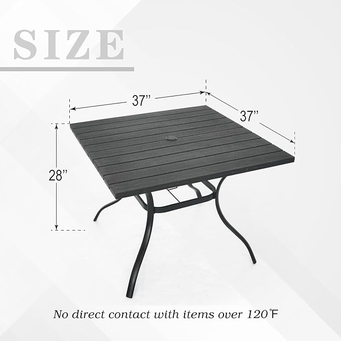 Outdoor Dining Table with 1.6" Umbrella Hole, Picnic Table Plastic Square Backyard Bistro Table Outdoor Dining Table for Garden, Poolside, Backyard, Black, 37x37inch