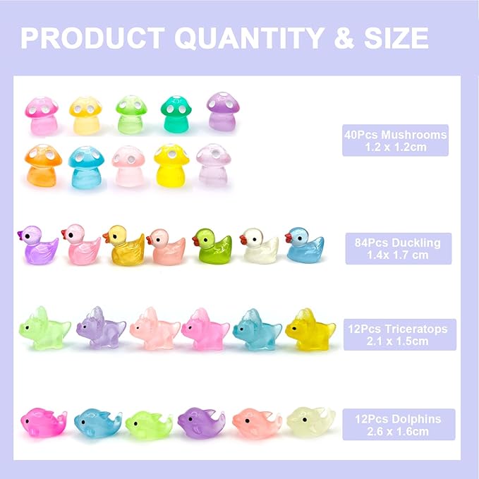 148Pcs Luminous Mini Resin Animals, Tiny Ducks Glow in The Dark Dolphins Dinosaurs Mushrooms 4 Combination Resin Set, Miniature Figures for Garden Decoration Aquarium Home Party Decor