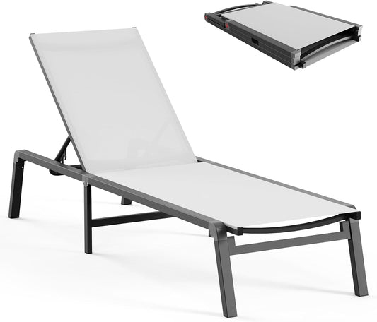 Aluminum Chaise Lounge Ourdoor - Foldable & Assemble Free Outdoor Lounge Chair with 5 Adjustable Backrest, Patio Lounge Chair for Outside Poolside Beach Pool, White