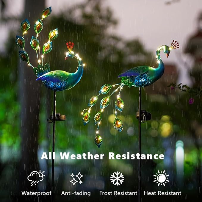 VEWOGARDEN 2 Pack Solar Stake Lights Outdoor Waterproof Metal Peacock Solar Lights for Yard Garden Patio Pathway Walkway, Blue