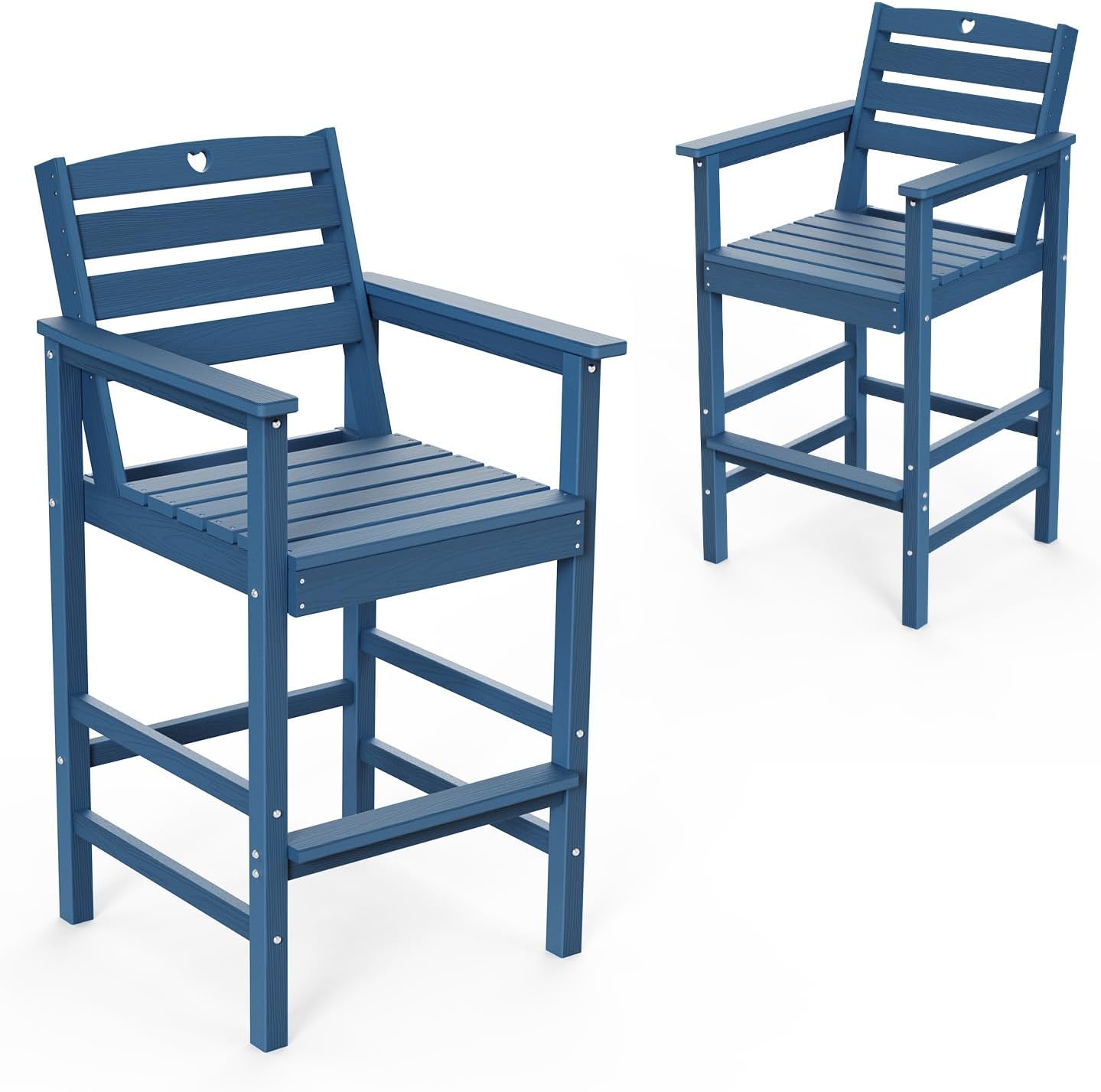 Tall Adirondack Chairs Set of 2, HDPE Wood Balcony Adirondack Chairs Set with Heart Cutout Design, Weather-Resistant Bar Height Furniture for Deck, Porch, Pool (Navy Blue)