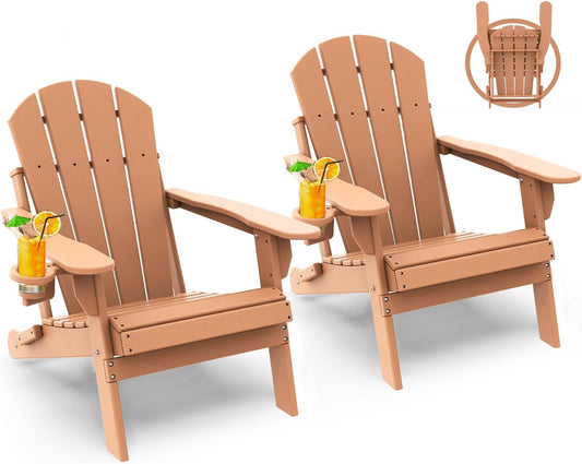 GREENVINES Folding-Adirondack-Chairs-Set-of-2 | HDPE Plastic | Fire Pit Chair | All Weather | Cup Holder | Teak | for Deck Backyard Patio Outdoor Garden