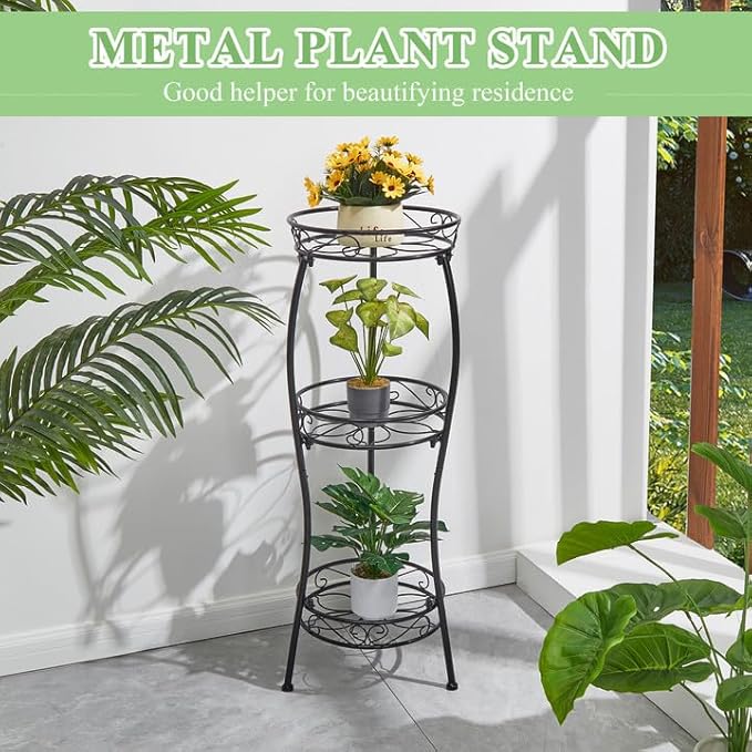 VECELO 3 Tier Metal Outdoor Plant Stand Indoor, Rustproof Stable 33.8” Tall Iron Flower Stand, Decorative Multiple Heavy Duty Plant Holder for Corner, Patio, Balcony Garden, Black