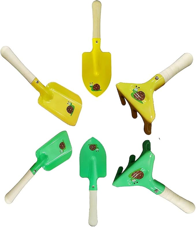 Kids Gardening Set Wooden Handle, 6 Pieces (Yellow+Green), Kids Beach Shovel Set, Sandbox Play Toy, Sand Shovel and Garden Hand Tool