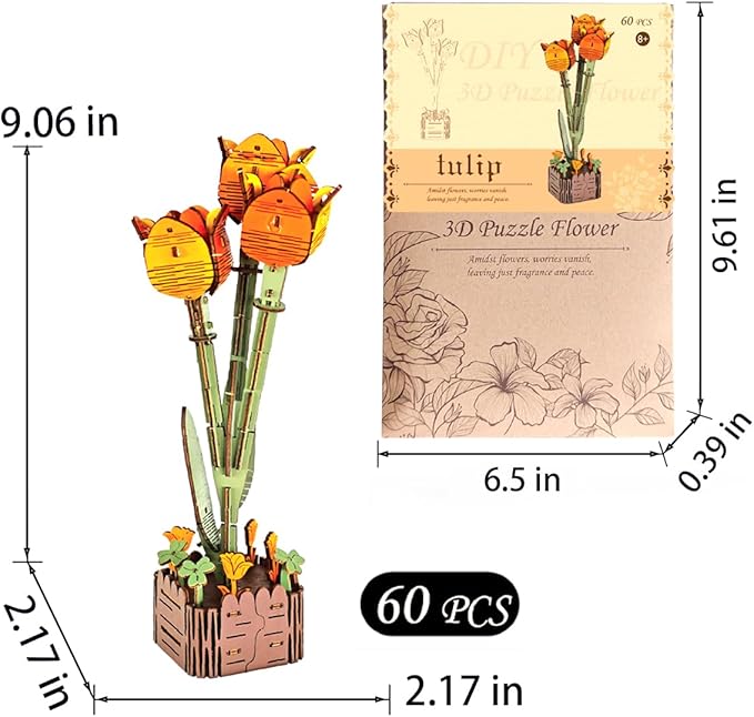3D Wooden Puzzles for Kids DIY Wooden Flower Building Block Set Craft for Children Adults to Build Valentine's Day/Mother's Day/Teacher's Day/Birthday Gifts (Tulip)