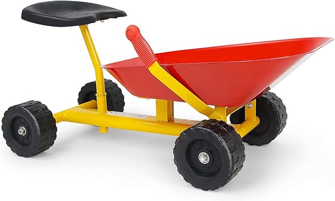 Costzon Kids Ride-on Sand Dumper, Children Outdoor Sandbox Toy w/Ergonomic Handle & 4 Wheels, Heavy Duty Steel Digging Metal Garden Play Tool for Boys Girls, Kids Wheelbarrow (Red)