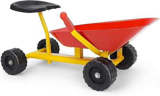 Costzon Kids Ride-on Sand Dumper, Children Outdoor Sandbox Toy w/Ergonomic Handle & 4 Wheels, Heavy Duty Steel Digging Metal Garden Play Tool for Boys Girls, Kids Wheelbarrow (Red)