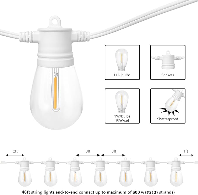 SUNTHIN White String Lights, 144FT(3 Pack 48ft) White Outdoor Lights with Shatterproof LED Bulbs for Patio, Garden, Backyard, Porch, Cafe, Deck, Wedding, Party