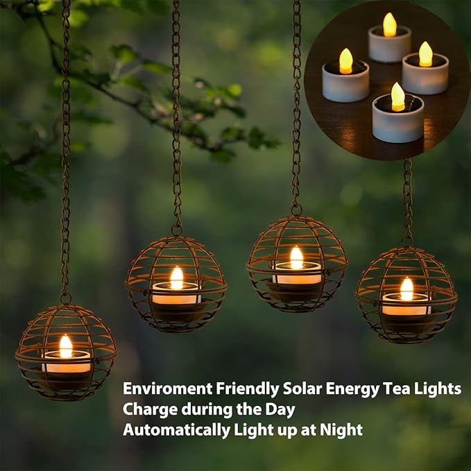 Solar Hanging Lanterns Outdoor Waterproof, Rust Iron Ball Candle Holder with Flickering Solar Powered Tea Lights, Perfect Chargeable Solar Lights for Backyard Patio Garden Fence Tree Decoration-4Pack