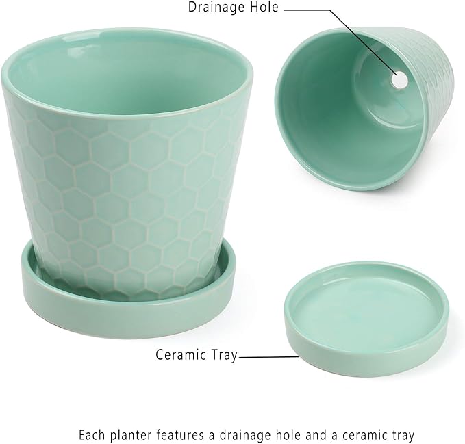 Plant Pot –4”+5”+6” inch Ceramic Pots for Plants with Drainage Holes and Ceramic Tray - Gardening Home Desktop Office Windowsill Decoration Gift Set 3 - (Mint Green)