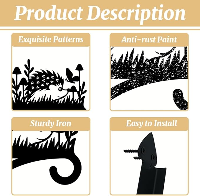 peacoblue Iron Plant Hangers Hooks for Outdoor Indoor Hanging Plants Flower Fern Pots Lantern Bird Feeder Wind Chimes, 12”x14” Weather Resistant Metal Wall Holder for Porch Garden Farmhouse(Hedgehog)