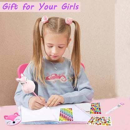 Girls Diary with Lock,Journal for Kids with Bookmarks Sticky Notes Pom Pom Pen Notebook for Writing and Drawing 160 Lined Pages Diary for Girls ages 6-8