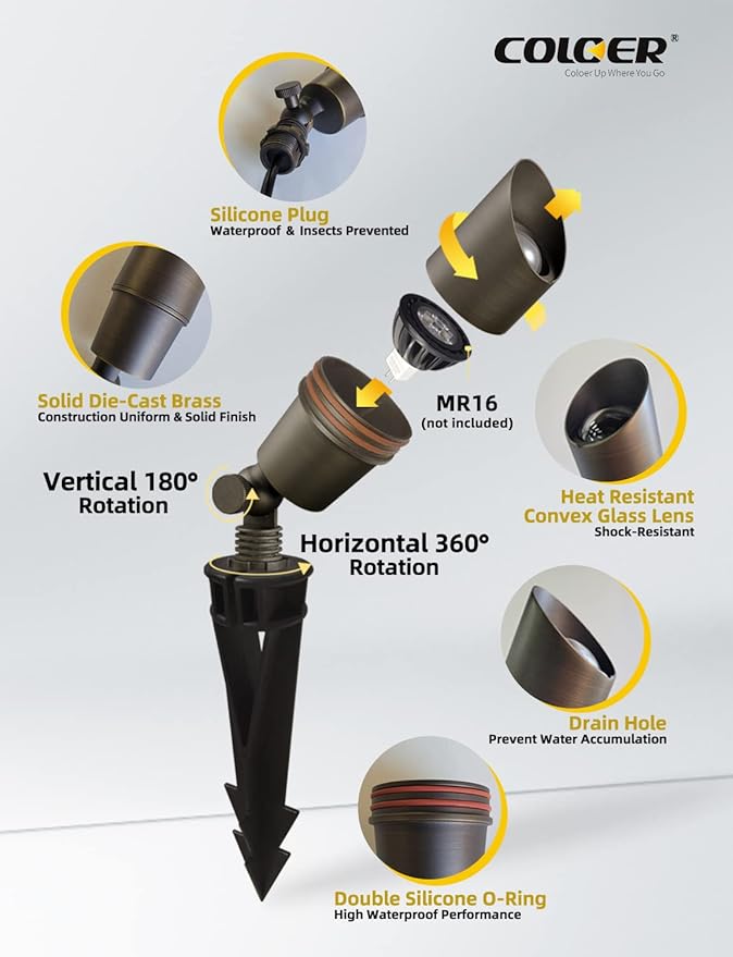 COLOER Die-cast Brass Landscape Spotlights Outdoor, 12V AC/DC Low Voltage LED Garden Landscape Lighting, IP65 Waterproof Outdoor Uplighting (101B,Bronze,12-Pack Without Bulb)