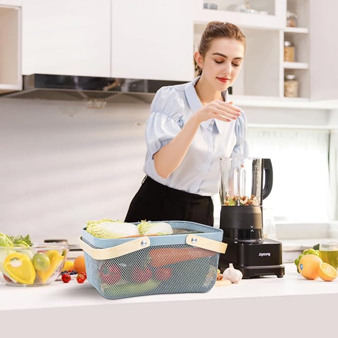 Portable Mesh Harvest Basket - Natural Bamboo Handle Foldable Organizer for Kitchen, Garden & Picnic | Ventilated Storage Bin with Rust-Proof Wire, Space-Saving Farmhouse Decor (Blue)