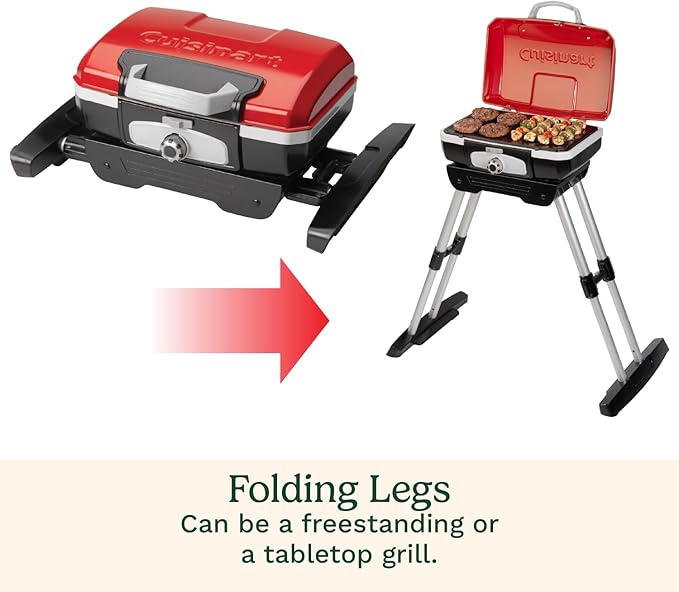Cuisinart Petite Gourmet Portable Gas Grill with VersaStand, Compact Portable Grill Propane, 150 Sq. In. Cooking Surface, 5,500 BTU Burner Small Gas Grills for Camping, BBQ, Adjustable Base, Handles