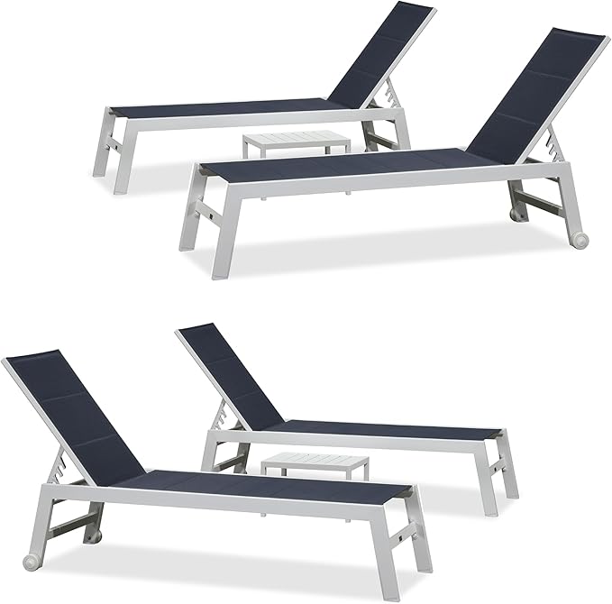 PURPLE LEAF Outdoor Chaise Lounge Set Oversize Adjustable Sunbathing Recliner Extra Wide Lounge Chairs with Side Table for Poolside Beach Outside Patio Aluminum Chaise Lounger Navy Blue 2 Sets