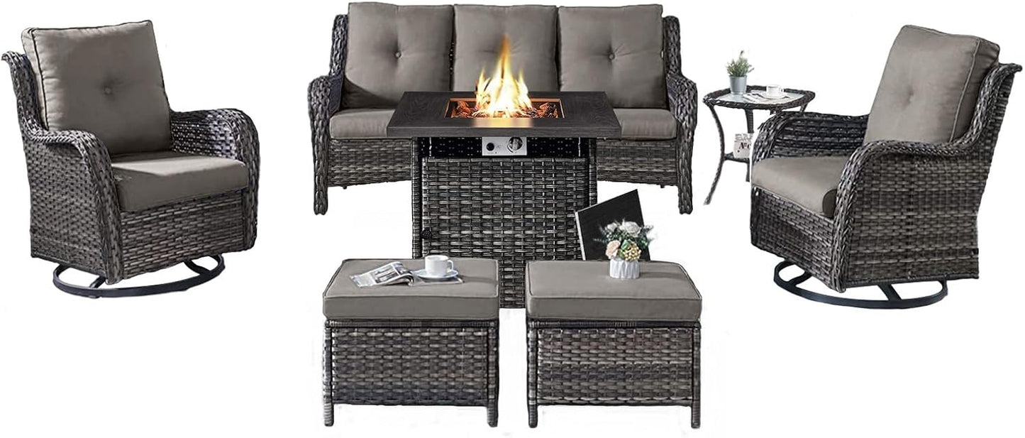 Outdoor Patio Furniture Set with 50000BTU Propane Fire Pit Table, 7 Pieces Wicker Patio Conversation Set with 2 Swivel Glider Rocker Chair Rattan Sofa Grey Cushion Perfect for Casual Gathering