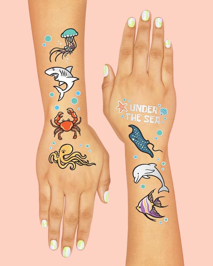 xo, Fetti Underwater Sea Creature Temporary Tattoos - 64 Styles | Ocean Animal Birthday Party Supplies, Aquarium Activity, Fish Tats, Kids Bday Decor