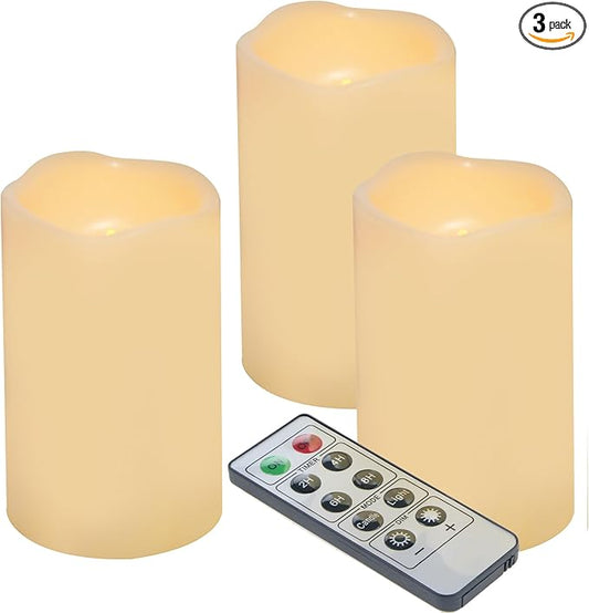 iZAN 3-Pack Outdoor Flameless LED Battery Operated Candles with Remote Waterproof Flickering Electric Pillar Candles for Halloween Chirstmas Home Wedding Party Festival Décor Long Battery Life 3”x5”