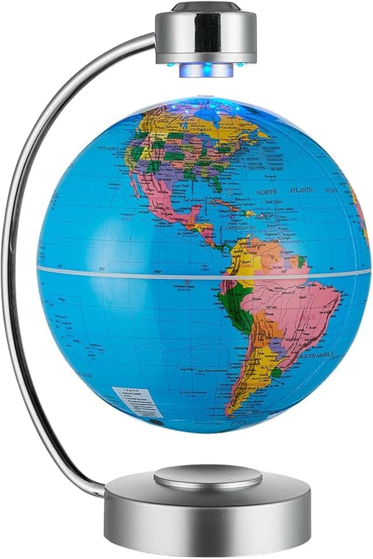 Magnetic Floating Globe, 8" (20cm) World Globe Political Map in English with Touch Controlled Nightlight for Decorative, Business, Education Gifts (Blue)