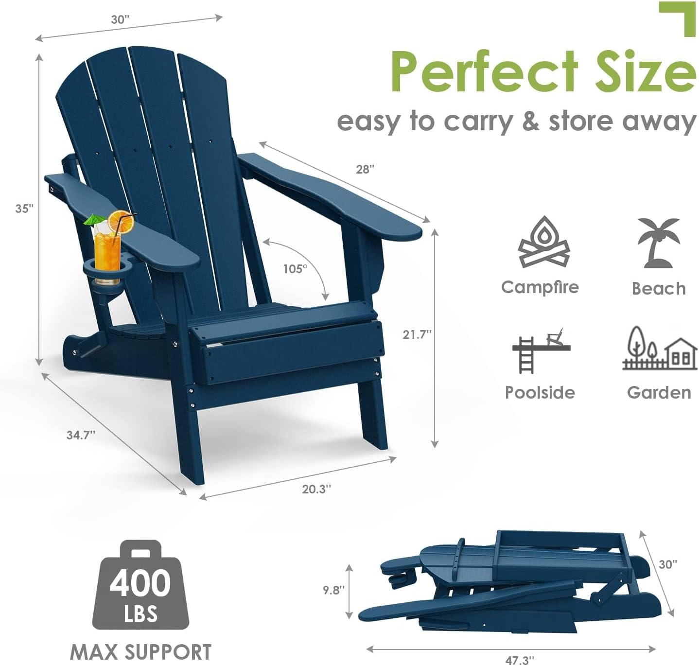 GREENVINES Folding-Adirondack-Chairs-Set-of-2 | HDPE Plastic | Fire Pit Chair | All Weather | Cup Holder | Blue | for Deck Backyard Patio Outdoor Garden