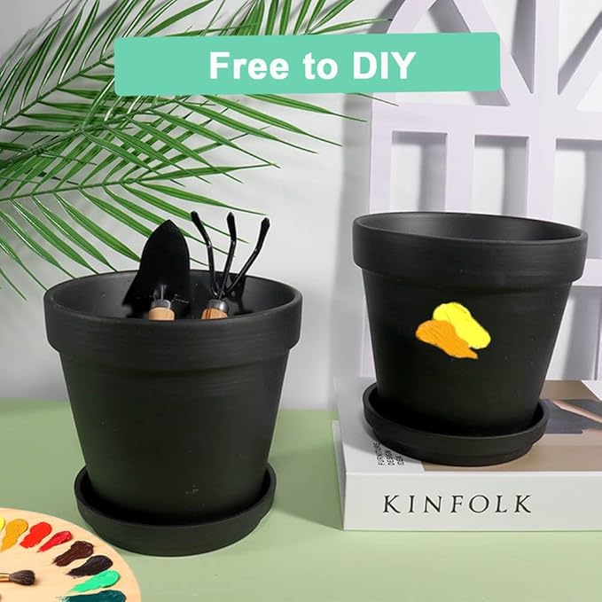 Vensovo 8 Inch Black Clay & Terracotta Pots for Plant with Saucer - 2 Pack Large Ceramic Terra Cotta Planter with Drainage Hole, Clay Flower Pot with Tray for Indoor Outdoor Plants
