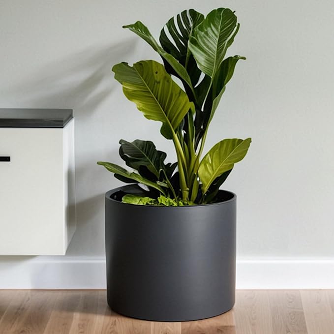 Fox & Fern 14.6 Inch Extra Large Planter — Premium Lightweight Fiberstone Matte Black Plant Pot with Drainage Plug; Big Planter for Indoor & Outdoor Use; Weather Resistant & UV Resistant