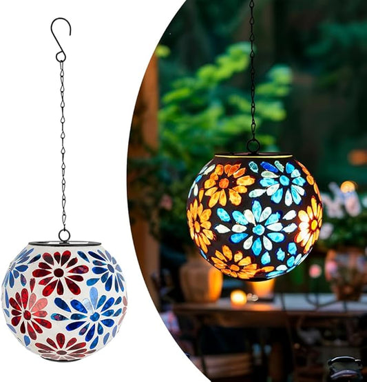 Solar Lanterns Outdoor Waterproof, Hanging Mosaic Flower Solar Lantern with Hook, Hanging Gazing Ball Globe Lantern for Garden Patio Yard Decor