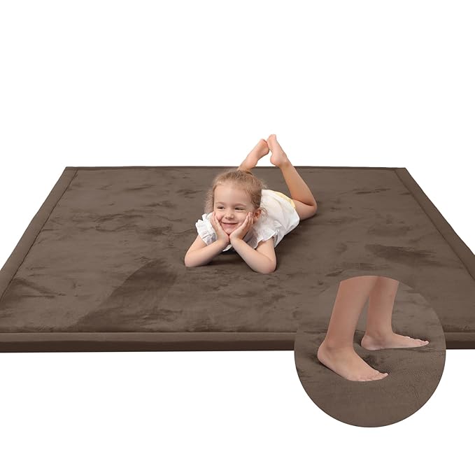 Baby Play Mat for Floor,1.3" Thick Memory foam Tummy Time Mat,Soft Coral Velvet Nursery Rug,Extra Large Non Slip Crawling Mat for Toddlers,Infants,kids,Yoga,Tatami Style for Living Room(Dark Brown)