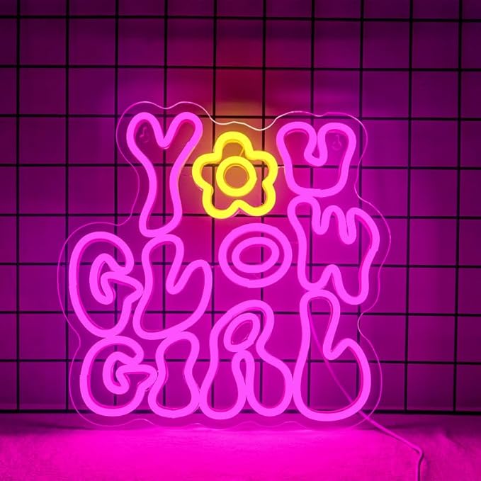 WLHOPE You Glow Girl Neon Sign Pink Led Neon Signs for Wall Decor USB Glowing Girl Neon Light Signs Man Cave Wall Art Signs for Bedroom Girls Room Bar Club Shop Office Wedding Birthday Party