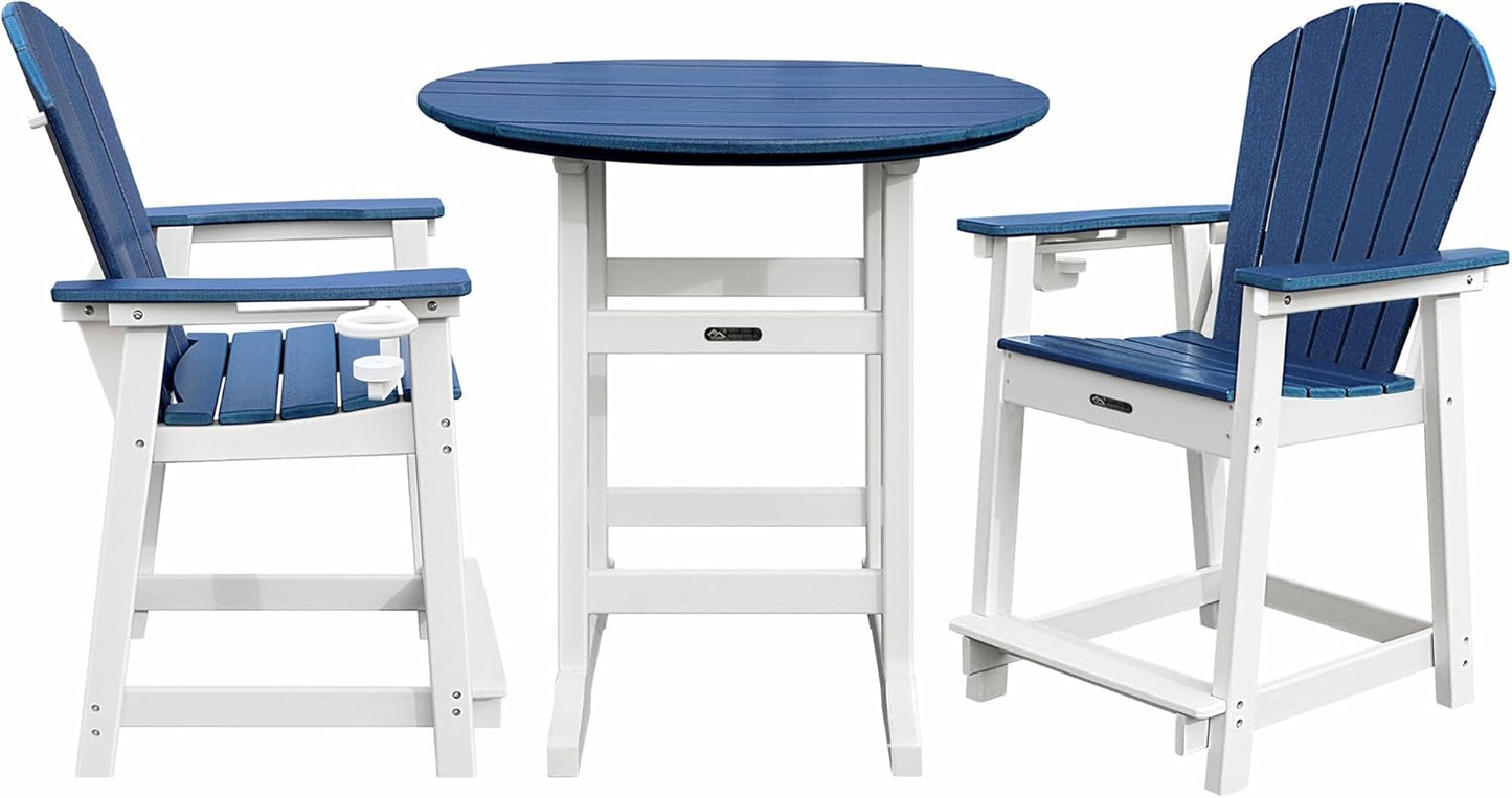 Tall Adirondack Chairs Patio Bar Tables Set of 3, Weather Resistant HDPE 35" Round Outdoor Bar Adirondack Barstools Plastic Height Table Pub, for Garden, Backyard, Yard, Pool, Fire, Pit (Blue)
