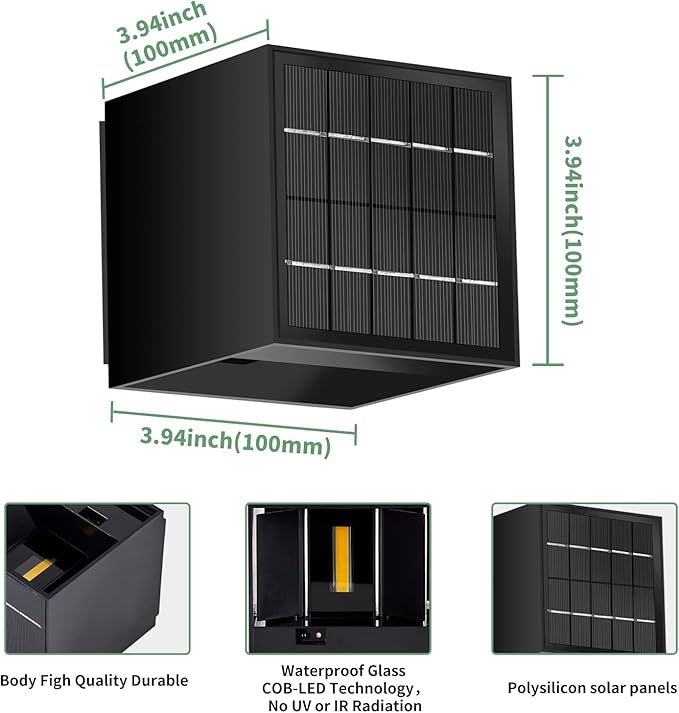 LANFU Solar Powered Motion Sensor Square Outdoor Wall Lights,Black Modern Up and Down Wall Lamps 10W,IP65 Waterproof Warm White 3000K Wall Sconce Light Exterior for Fence,Garden