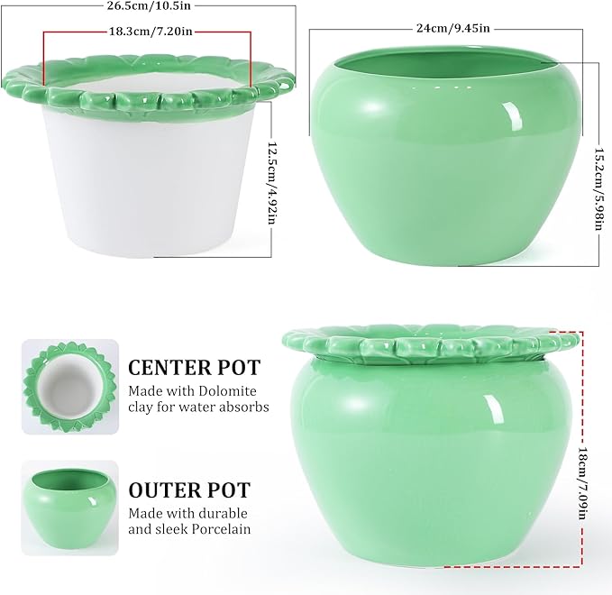 Large African Violet Pots Ceramic Planters for Indoor Plants 10.5in Self-Watering Terracotta Planter Green Dolomite Clay Morden Decor Ceramic Flower Pot for Home Office Decoration