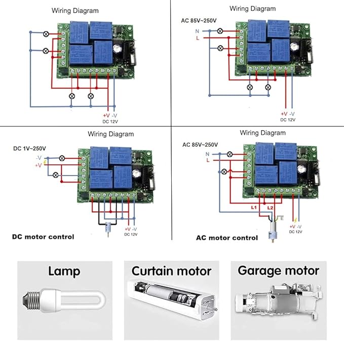 QIACHIP Universal 12V 4CH Wireless Relay Remote Module Switch RF 433Mhz with Remote Control Key Fob 2 Transmitters 1 Receiver for Light Garage Door Electric Gate,Momentary Toggle Latched(KR1204)