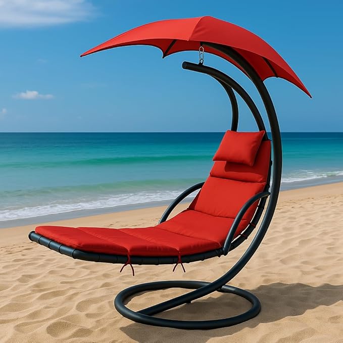 Weatherproof Replacement Cushion Pad and Umbrella for Hanging Lounge Chair Outdoor Chaise Hanging Hammock Chair - Long-Lasting, Fade-Resistant, Quick-Dry, Outdoor Lounge Replacement Set - Red
