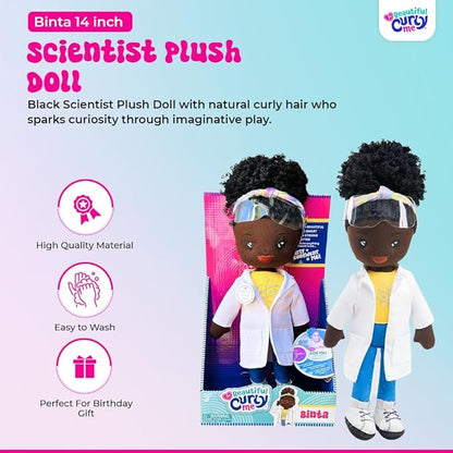 (Binta) Black Plush Doll – 14″ Soft African American Plush Rag Doll for Girls 3+ – Washable, Removable Lab Coat & Goggles – Inspires Confidence, STEM Learning & Representation – Gift Toy for Kids