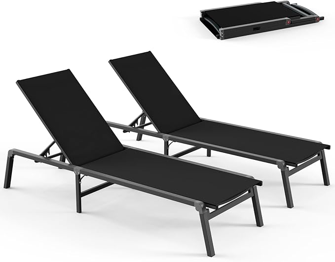 Pool Lounge Chairs Set of 2, Foldable Aluminum Chaise Lounge Outdoor with 5 Positions Recliner - Free Assembly - Patio Chaise Lounge Chair for Poolside, Beach, Yard (Black, 2 Pack)