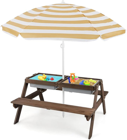 HONEY JOY Kids Picnic Table, 4 in 1 Cedar Wooden Sand & Water Table w/ 3 Removable Box & Umbrella, Kids Picnic Tables for Outdoors Backyard Garden, Toddler Patio Furniture Set for Boys Girls(Walnut)