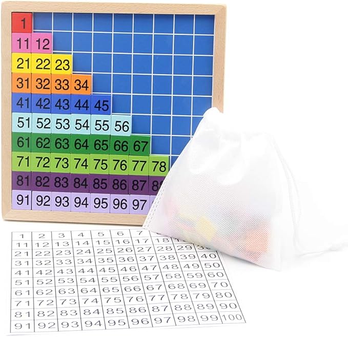 Wooden Math Learning Board Toy, Montessori 1-100 Consecutive Numbers Wooden Hundred Digital Board, Educational Game for Kids with Storage Bag