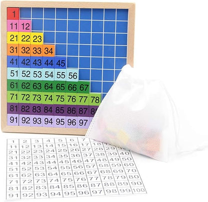 Wooden Math Learning Board Toy, Montessori 1-100 Consecutive Numbers Wooden Hundred Digital Board, Educational Game for Kids with Storage Bag