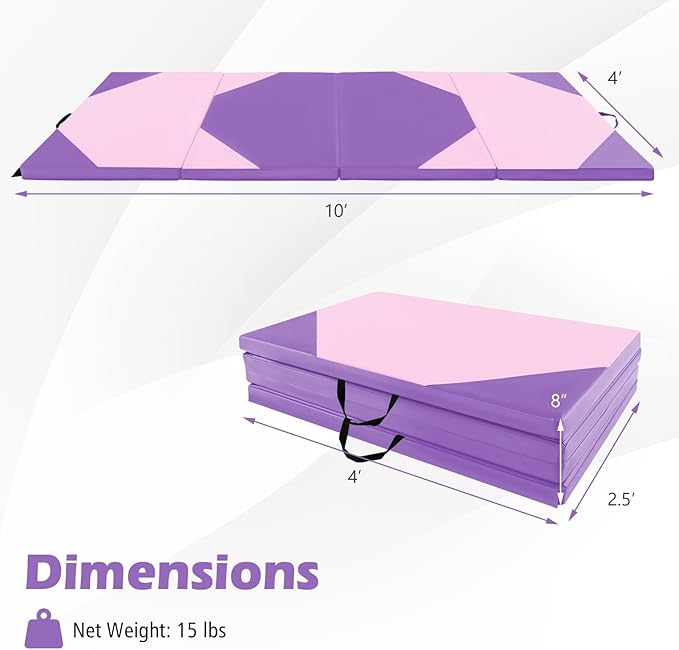 Giantex 4'x10'x 2" Gymnastics Mat, 4-Panel Folding Aerobics Exercise Mat w/Hook & Loop Fastener, Carrying Handle, Portable Tumbling Mat for Stretching Yoga Cheerleading Martial Arts