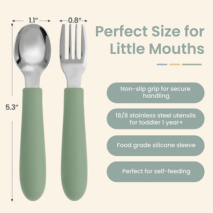 6 Pack Toddler Utensils, Toddler Forks and Spoons Set, Kids Silverware with Silicone Handle, 18/8 Stainless Steel Children Safe Flatware, BPA Free, Dishwasher Safe