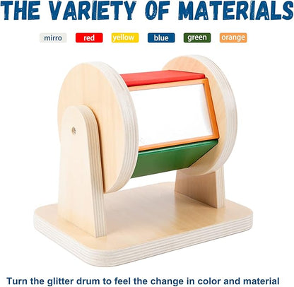 Adena Montessori Spinning Drum Baby Toys,Montessori Toys for Babies 6-12 Months Toddlers,Wooden Spinning Rainbow with Multiple Materials Baby Christmas Toys for Boy and Girls Gift(Medium-size Texture)