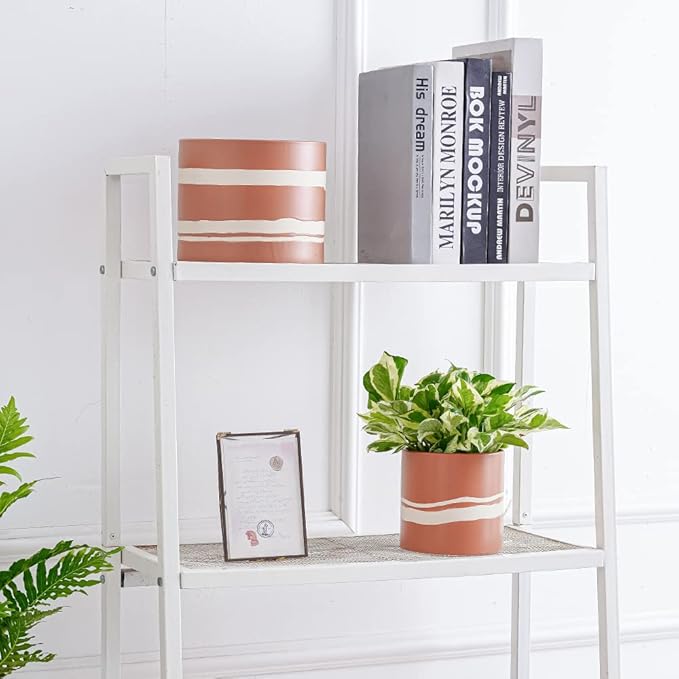 Nihow Modern Ceramic Plant Pot - 5 + 7 Inch Flower Pot for All Indoor Plants - Sturdy Planter Pots with Drainage Hole & Rubber Plugs - Semi-Matte Terracotta & Nature - Plants Not Included