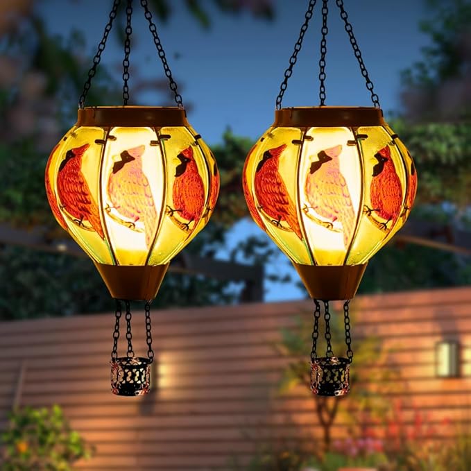 Starsoul 2 PC Cardinal Hot Air Balloon Solar Lantern with Flame Glass Outdoor Hanging Hot Air Balloon Solar Light Waterproof Garden Patio Yard Party Decorations