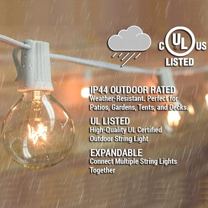 25Ft Outdoor String Lights, G40 Globe Patio Lights with 27 Warm White Incandescent Bulbs (2 Spare) Waterproof Hanging Outdoor Light UL Listed for Backyard Bistro Porch Garden Wedding Party - White