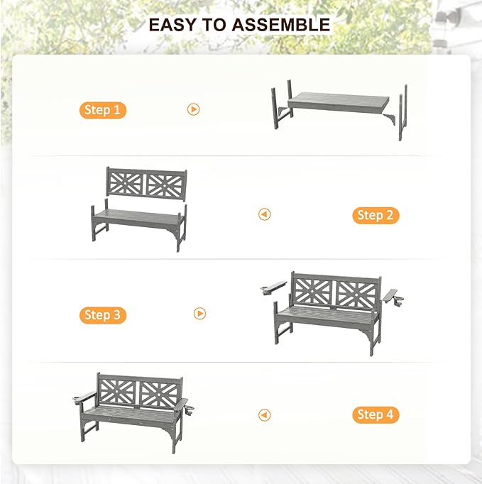 nalone Outdoor Bench with Cup Holders, HDPE All Weather Porch Bench Load up to 800 Lbs, 2-Person Garden Benches Rot-Proof Fade Proof for Patio, Porch, and Park (Grey)